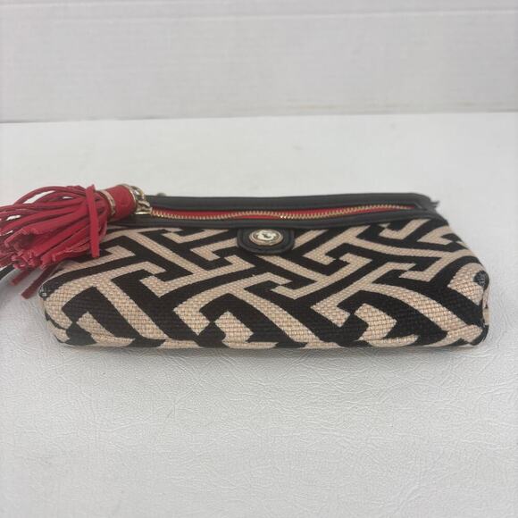 Spartina Wristlet Clutch with Tassel Beige Black Red Geometric Leather Linen Zip - Picture 7 of 12